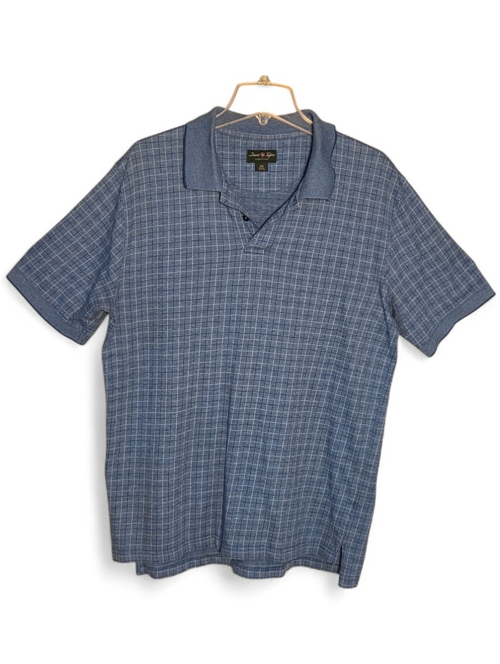 David Taylor Men's Classic Polo Shirt Blue Golf Windowpane Short Sleeve Size L